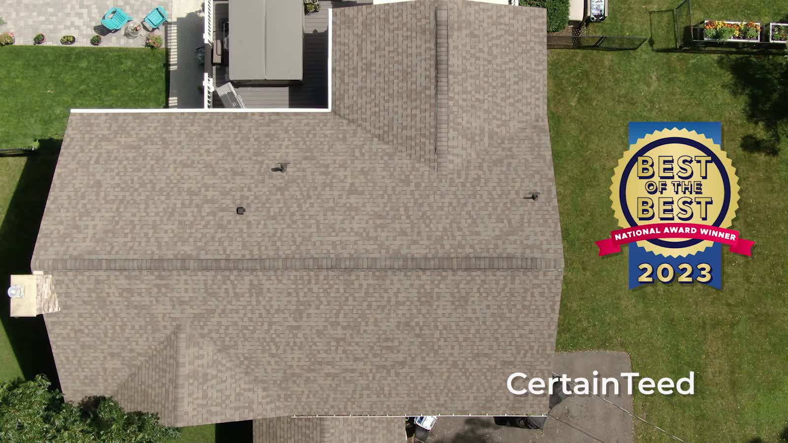 Overhead aerial view of a completed roof