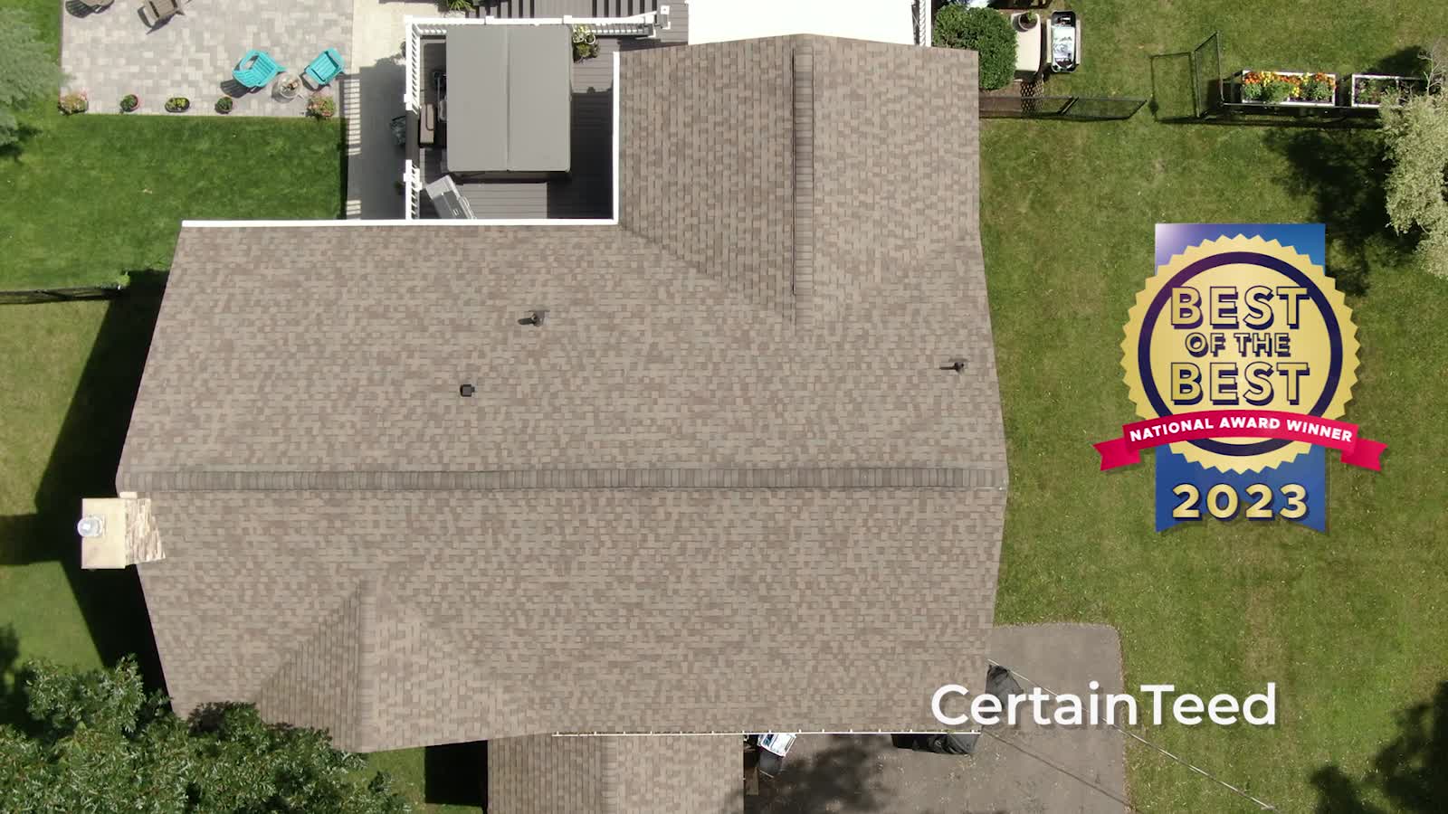 Overhead aerial view of a home roofline