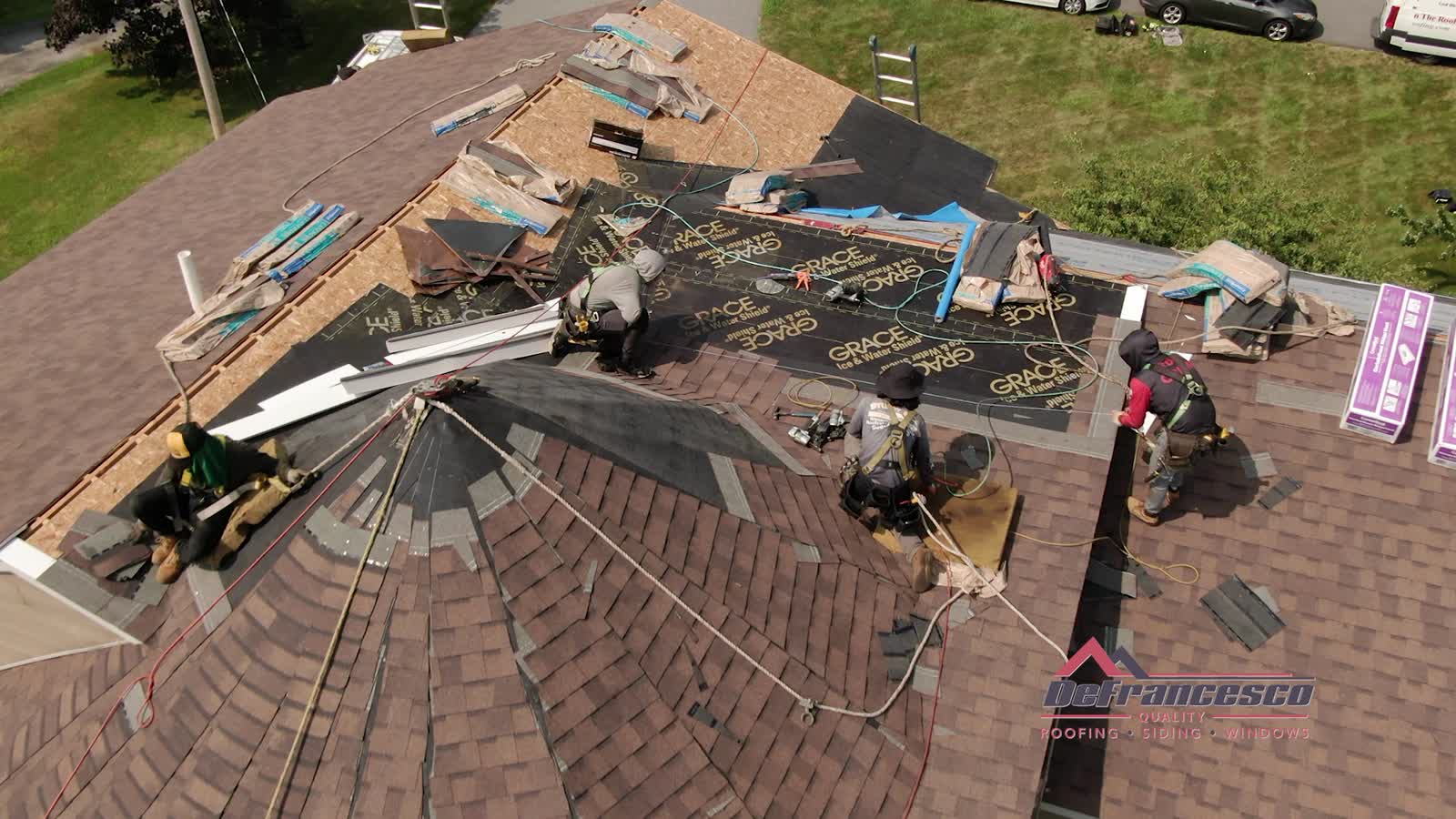 Overhead aerial view of a roof replacement
