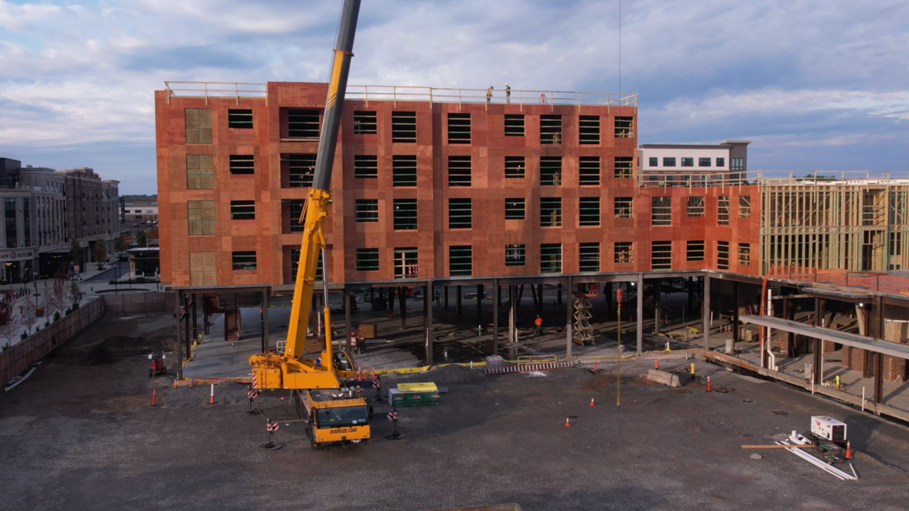 High aerial view of an active commercial construction site