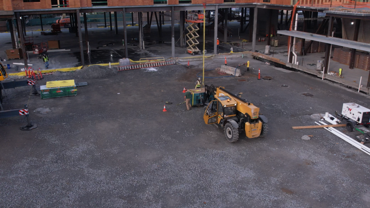 Drone view of construction activity and equipment