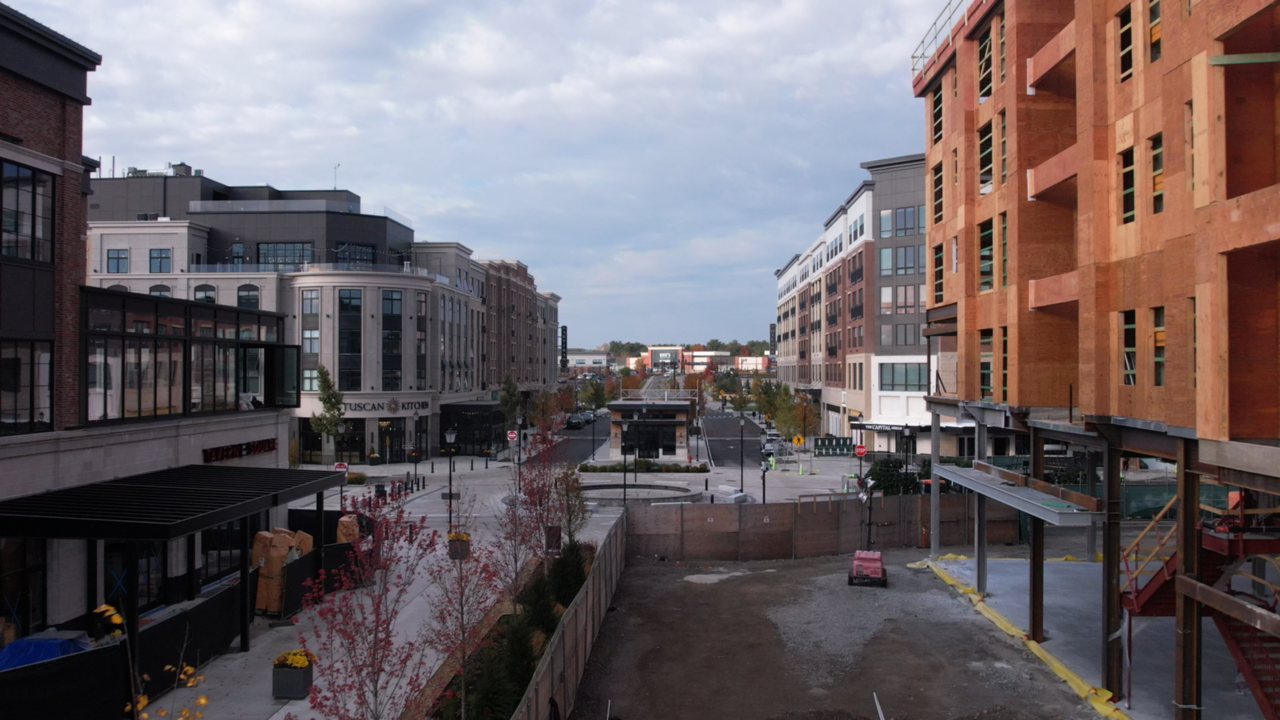 Aerial view through a downtown commercial district