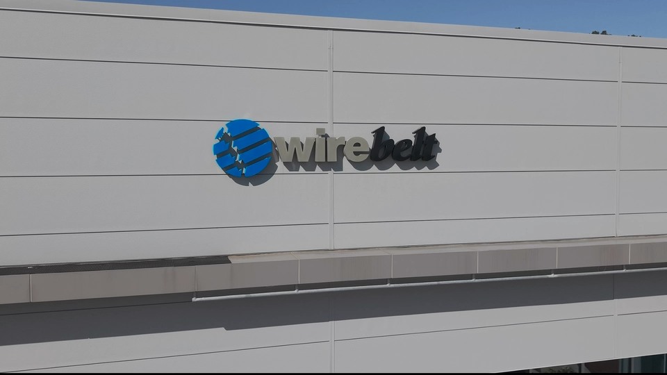 Close aerial view of the Wire Belt Company building sign