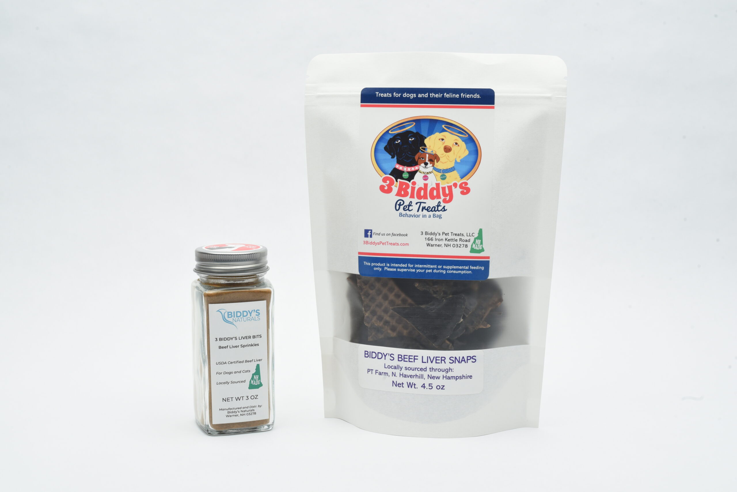 Bag of Biddy’s pet treats and spice jar