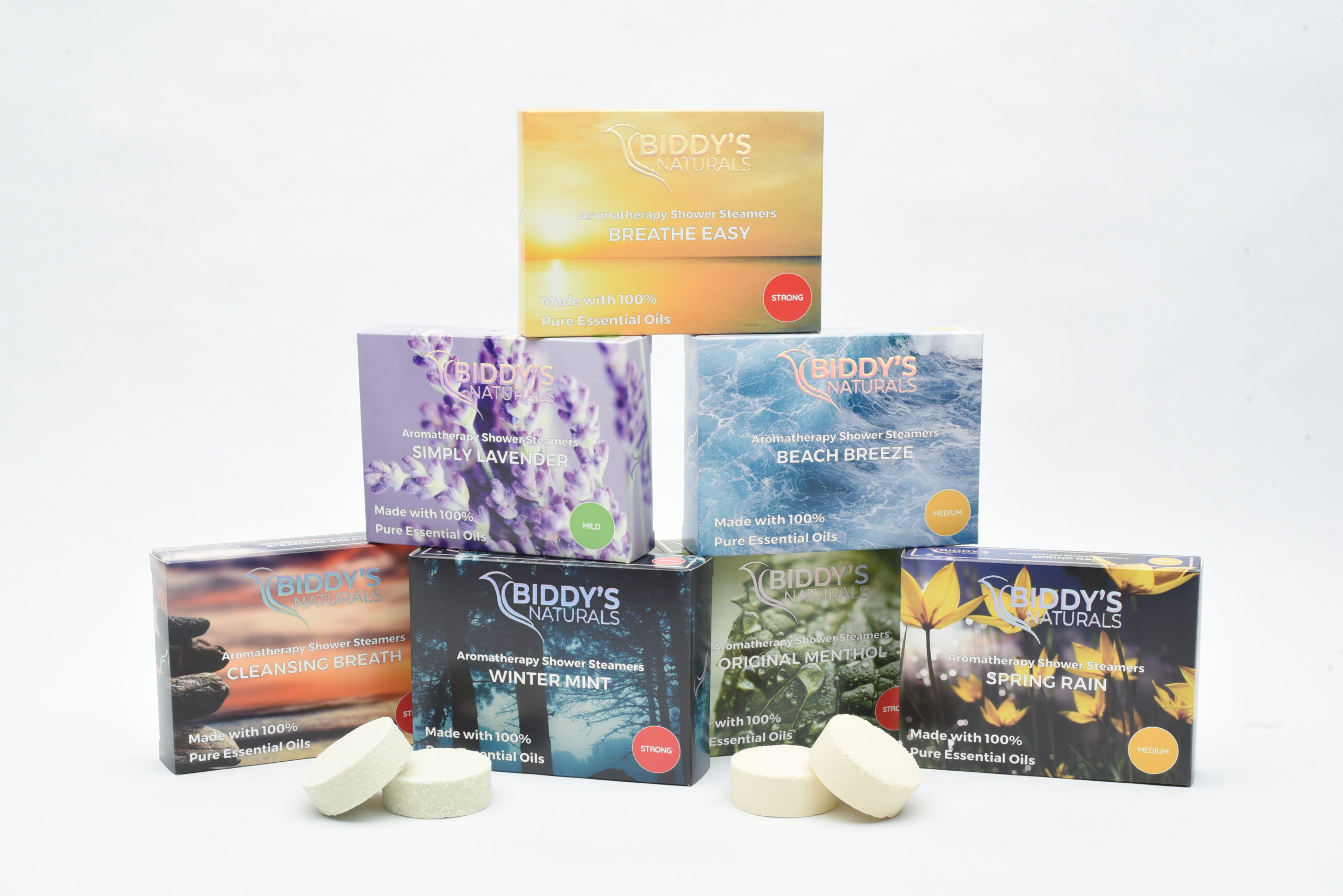 Pyramid of aromatherapy shower steamer boxes