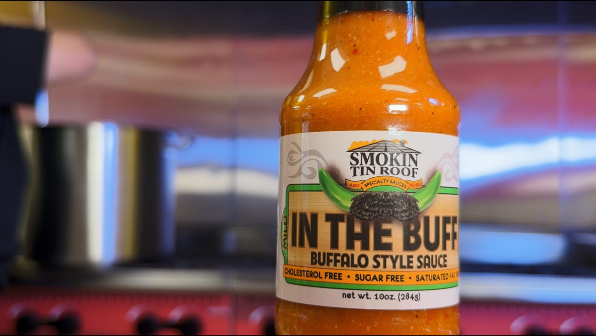 Close-up buffalo style sauce bottle label