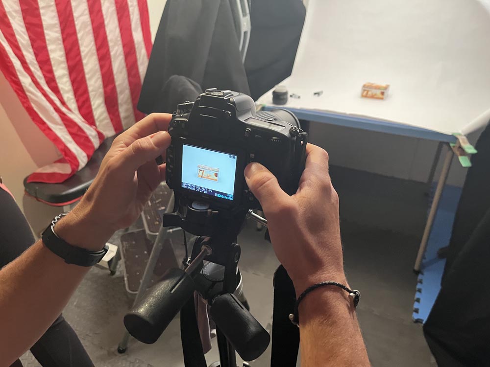 Camera setup for a tabletop product photography session.